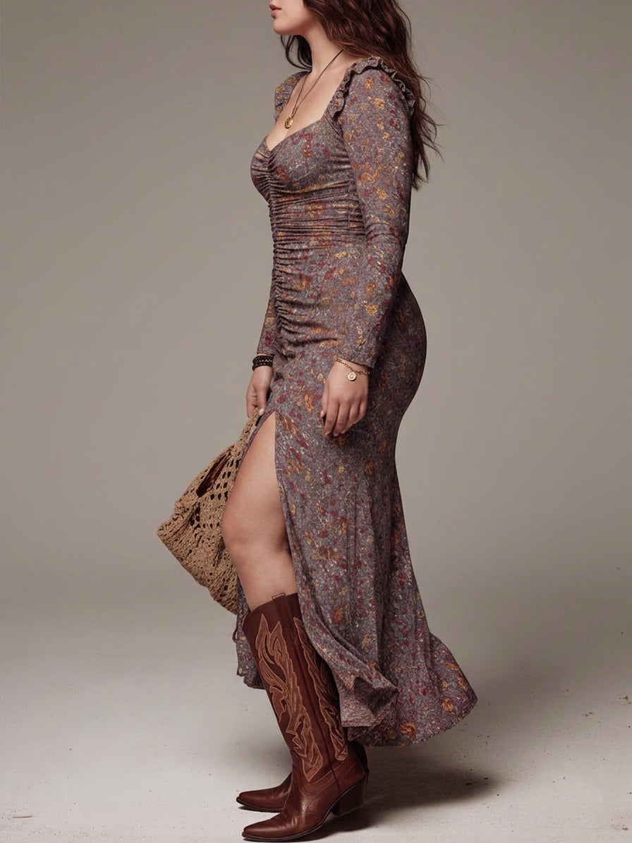 Grayish-purple Pleated Floral Print Slit Maxi Dress