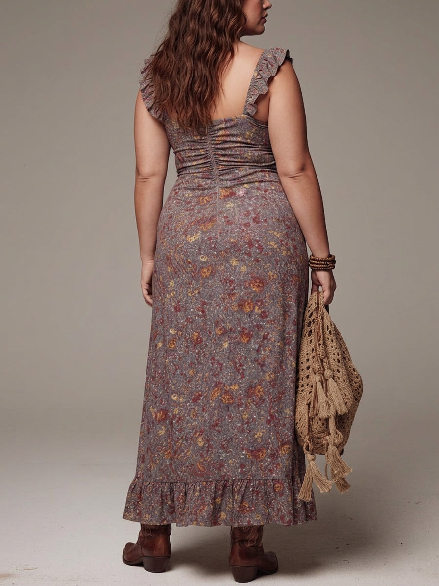 Grayish-purple Pleated Floral Print Slit Maxi Dress