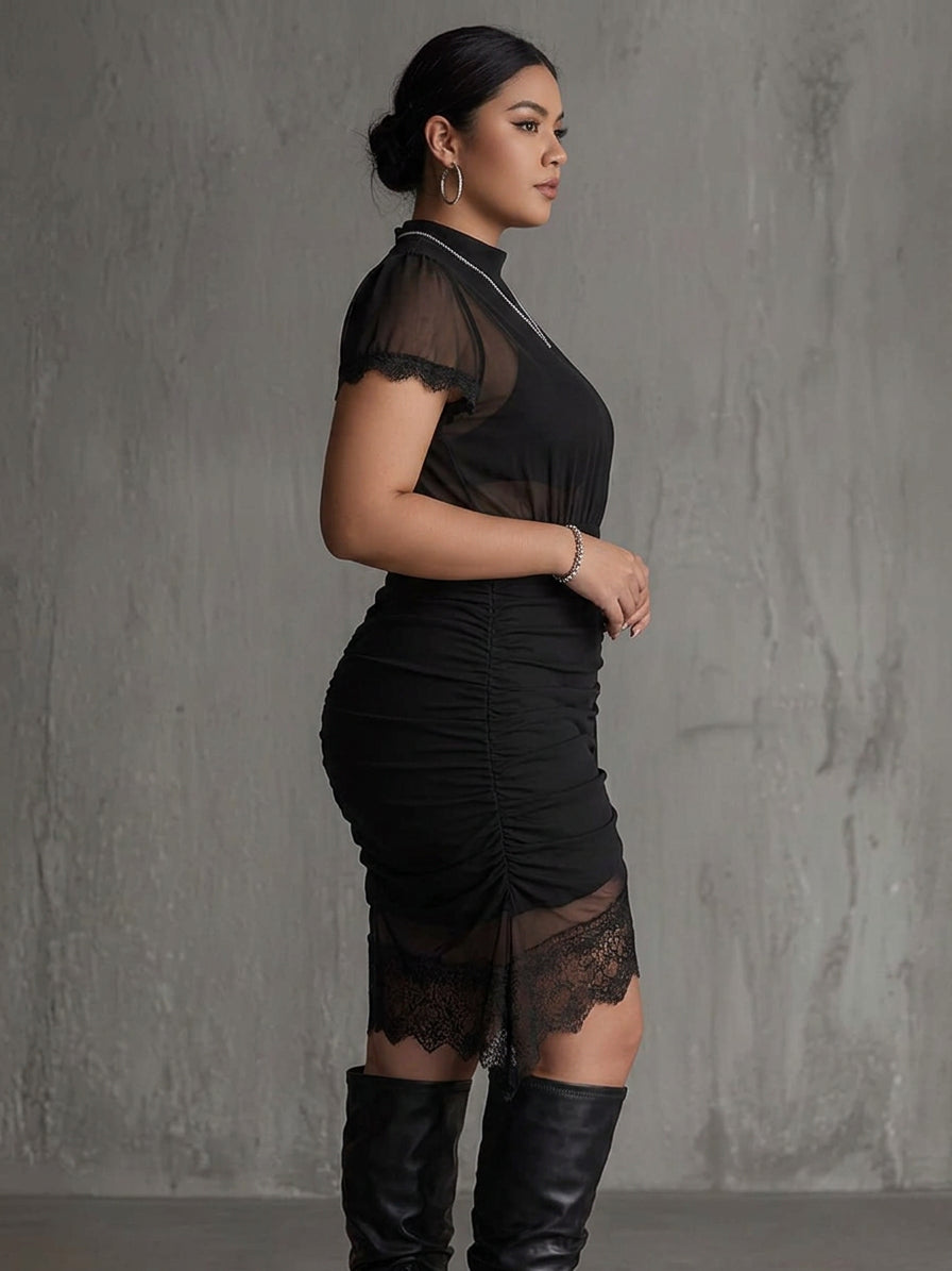 Black Chiffon Pleated Waist Lace-trimmed Mini Dress