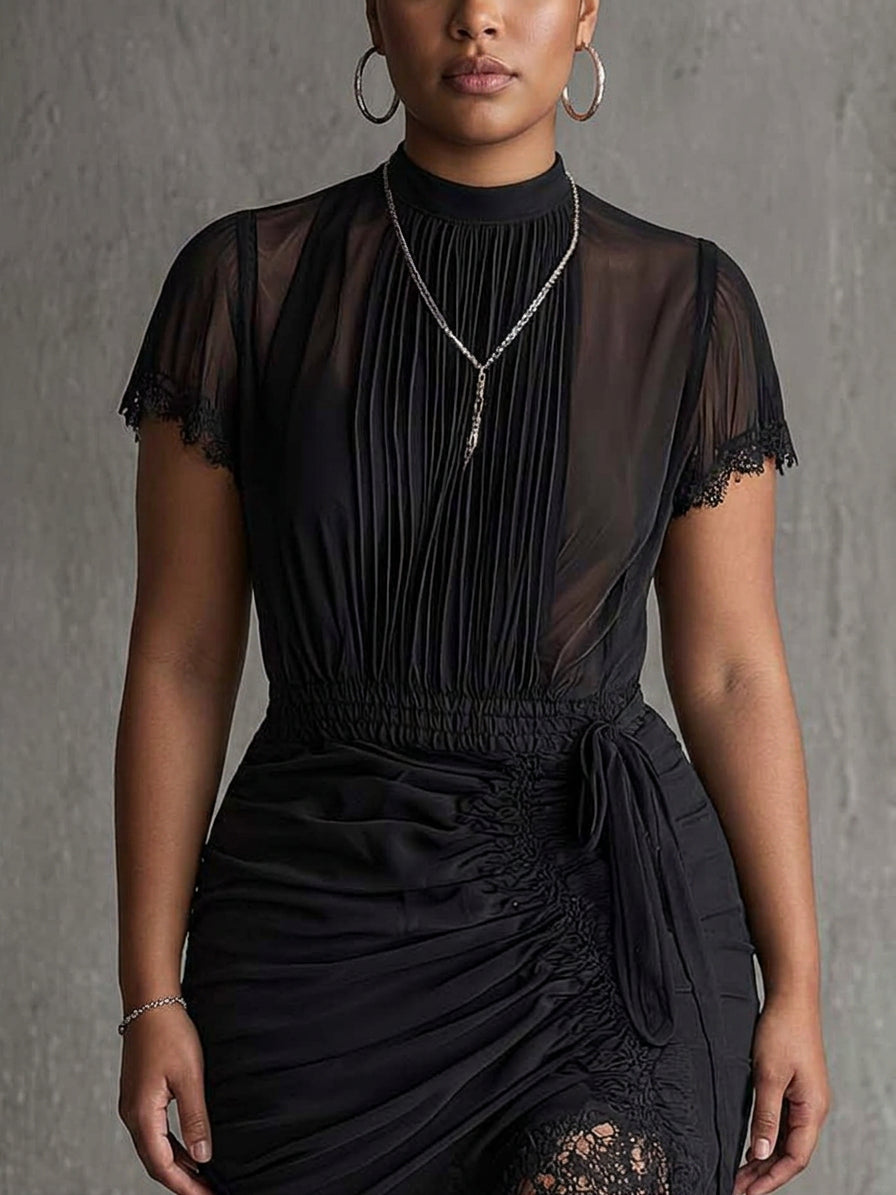 Black Chiffon Pleated Waist Lace-trimmed Mini Dress