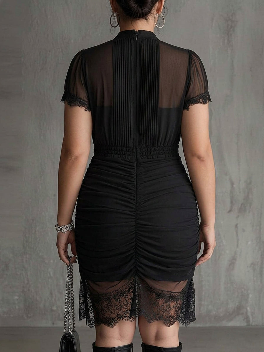 Black Chiffon Pleated Waist Lace-trimmed Mini Dress