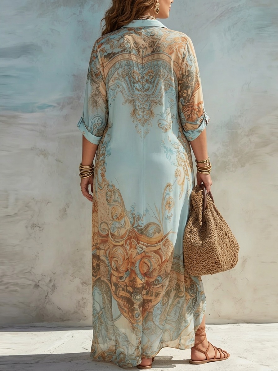 Vacation Blue Floral Print Shirt Maxi Dress