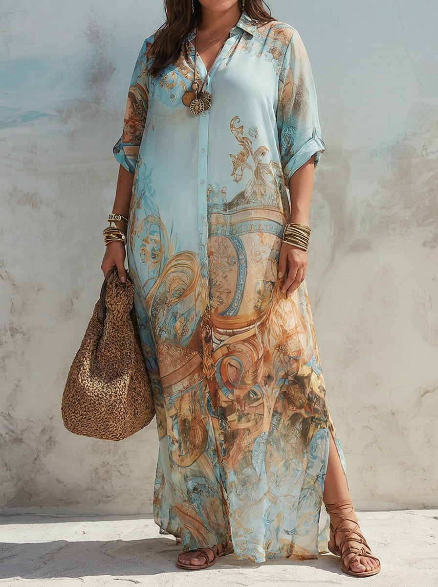 Vacation Blue Floral Print Shirt Maxi Dress