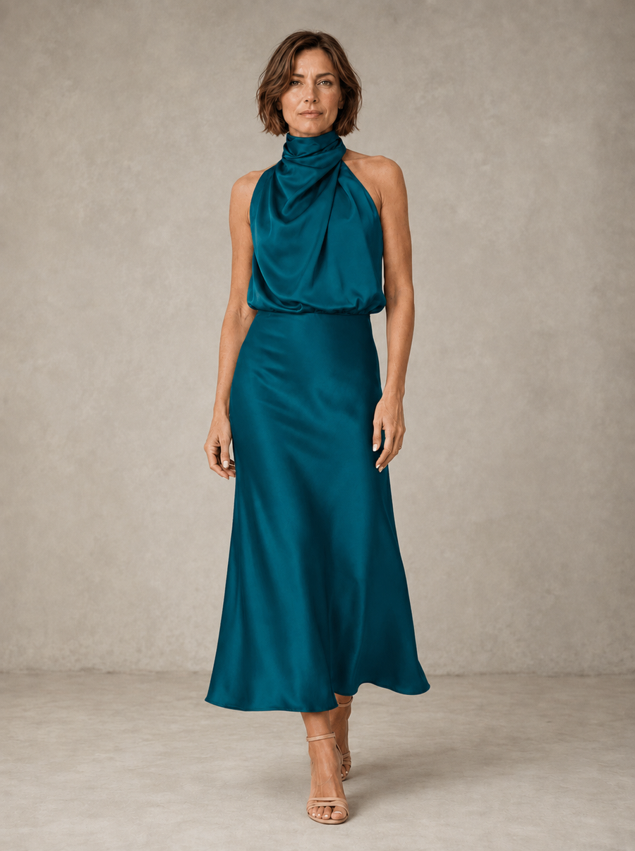 Sabine | Teal Satin Draped Halter-Neck Midi Dress