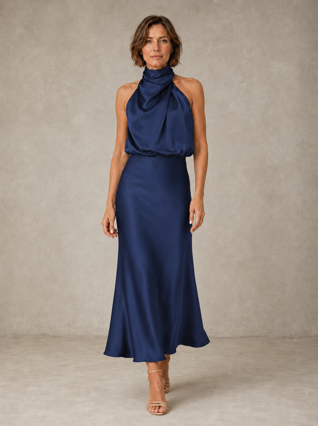 Sabine | Teal Satin Draped Halter-Neck Midi Dress