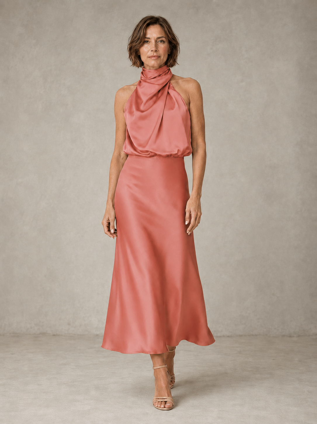 Sabine | Teal Satin Draped Halter-Neck Midi Dress