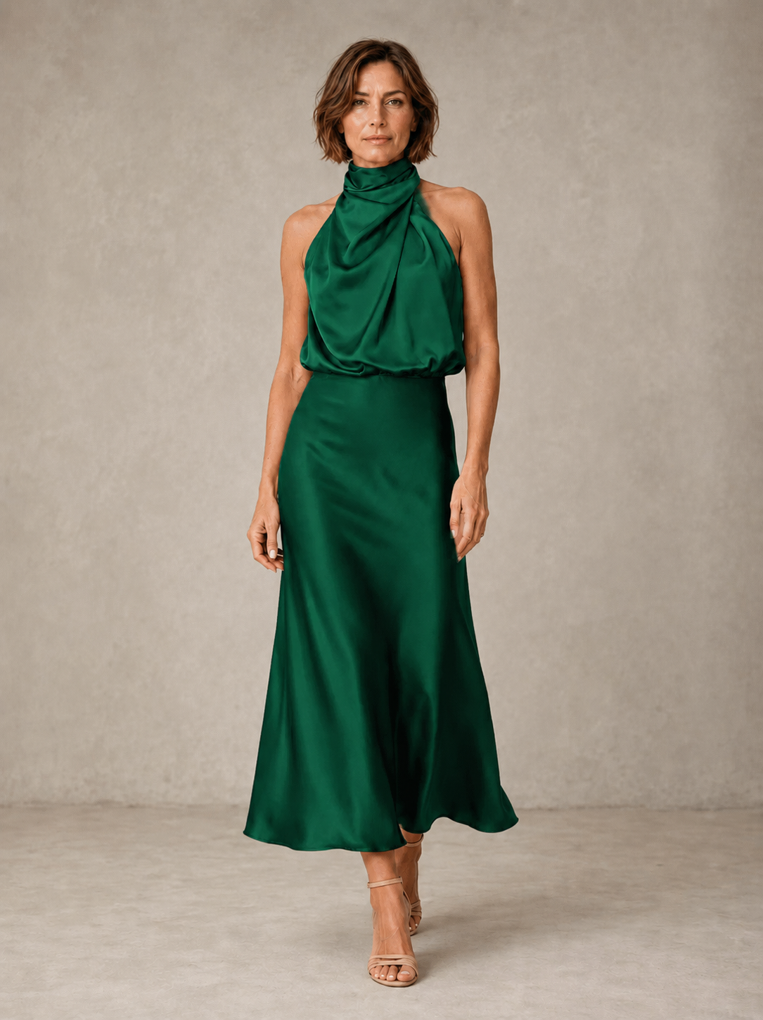 Sabine | Teal Satin Draped Halter-Neck Midi Dress
