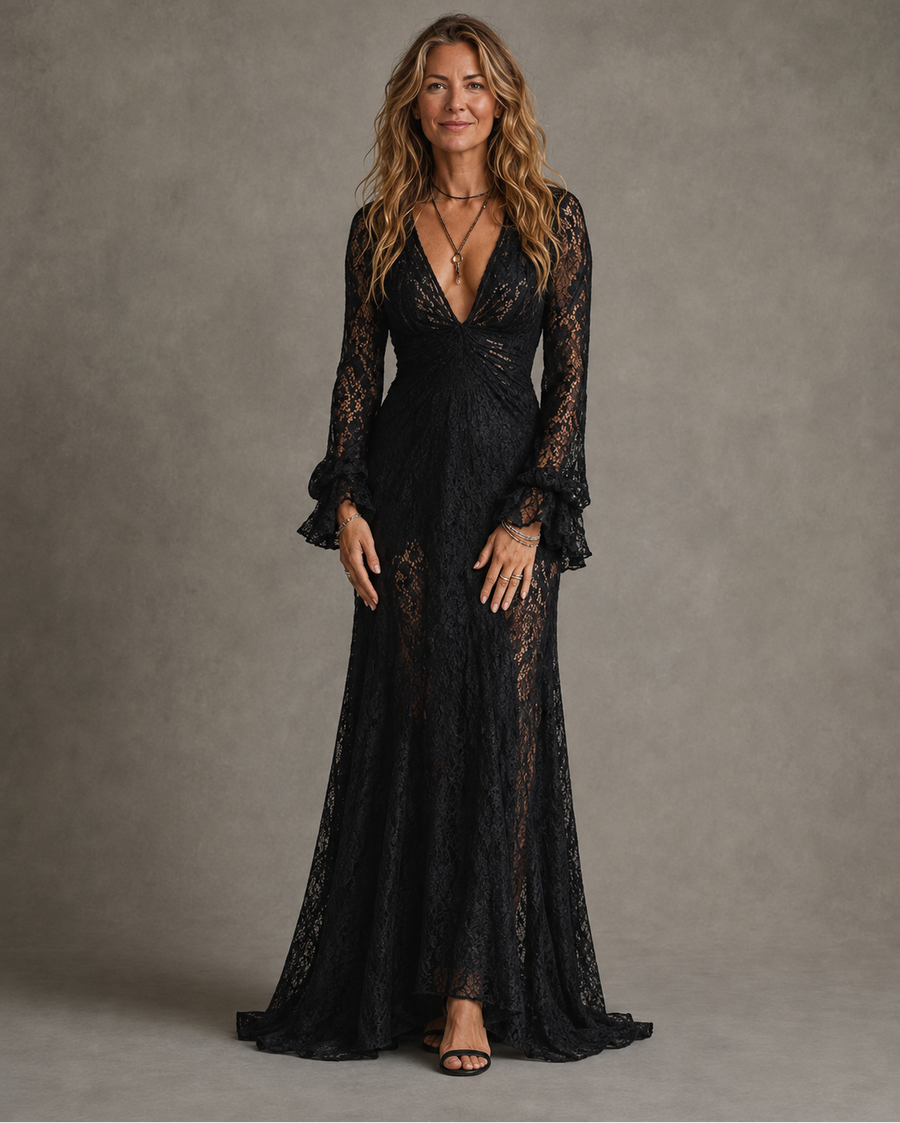 Morgana | Black Plunge V-Neck Sleeve Maxi Dress