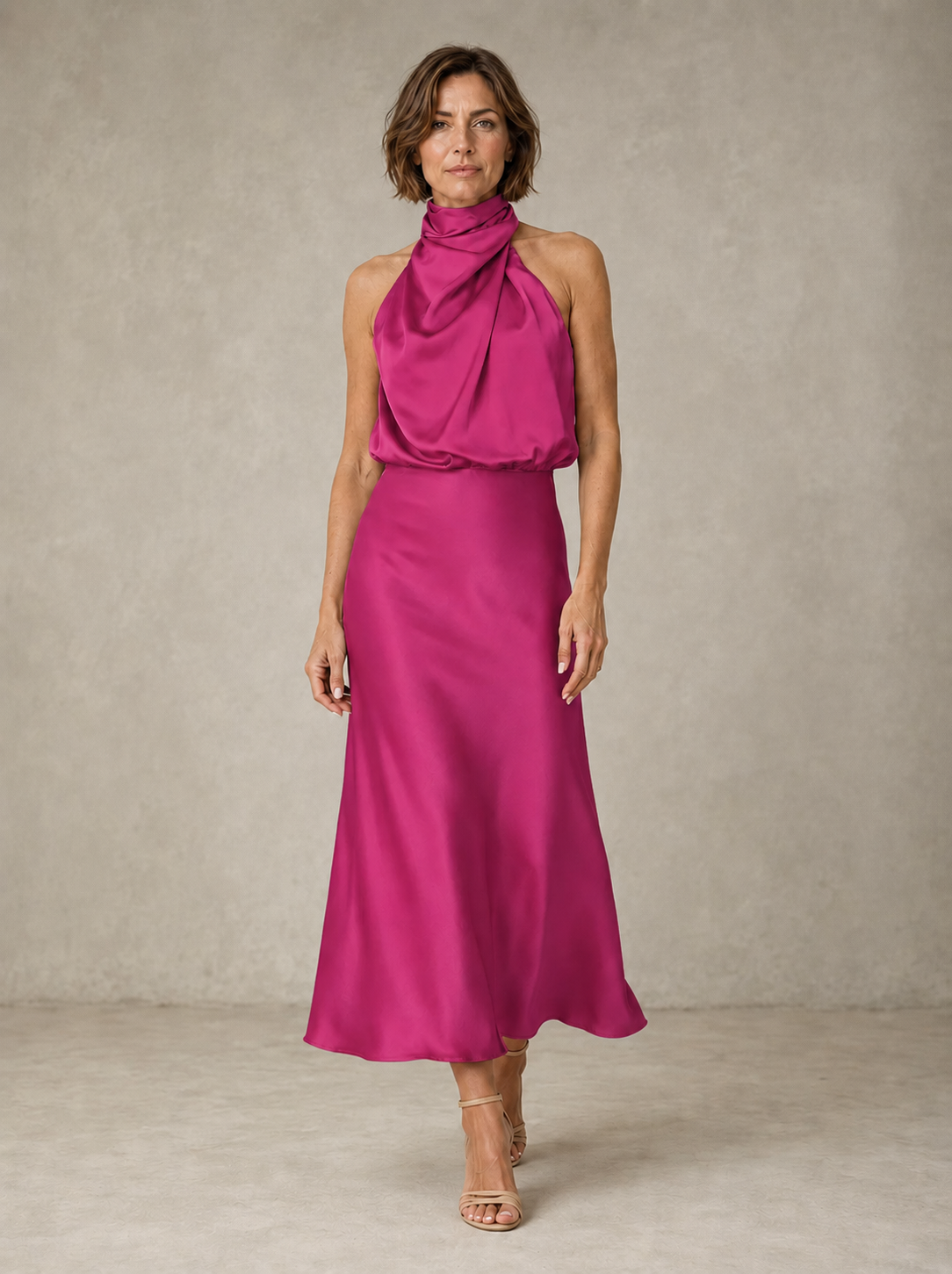 Sabine | Teal Satin Draped Halter-Neck Midi Dress