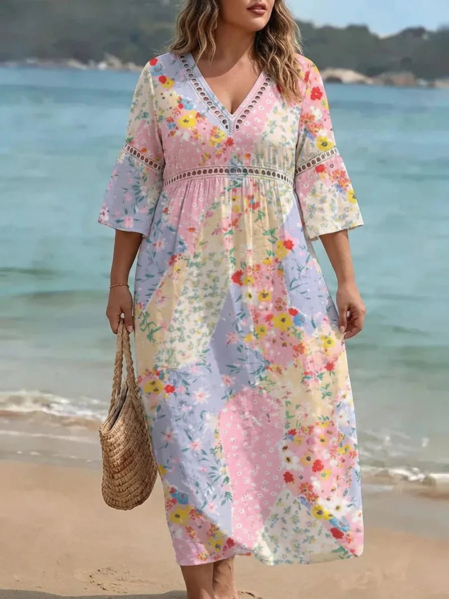 Women’s Floral Patchwork V-Neck Maxi Dress