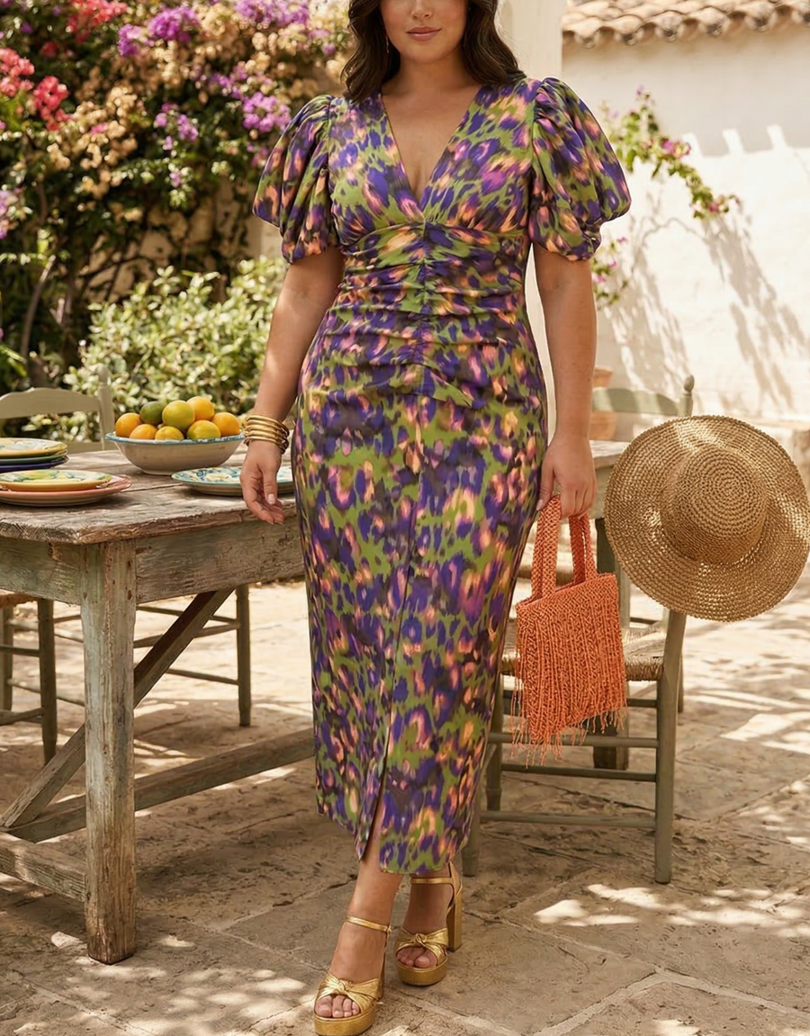 Loren | Vibrant Puff-Sleeve Midi Dress