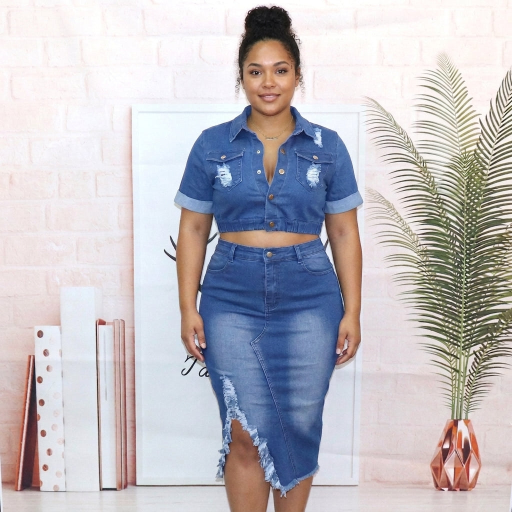Britney | Frosted Denim Skirt Suit